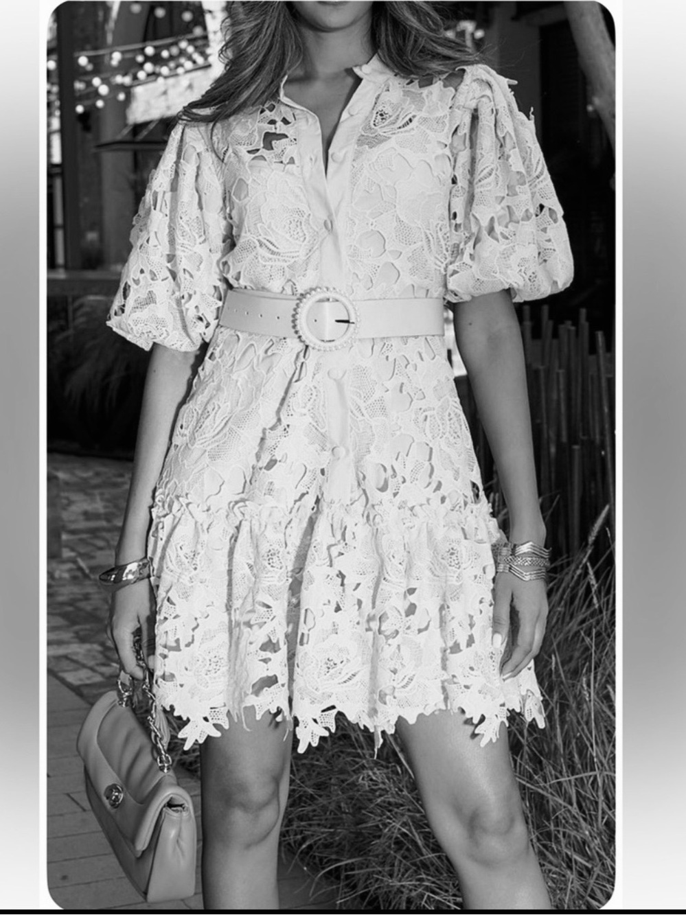 Elegant White Lace Puff-Sleeve Dress with Belt